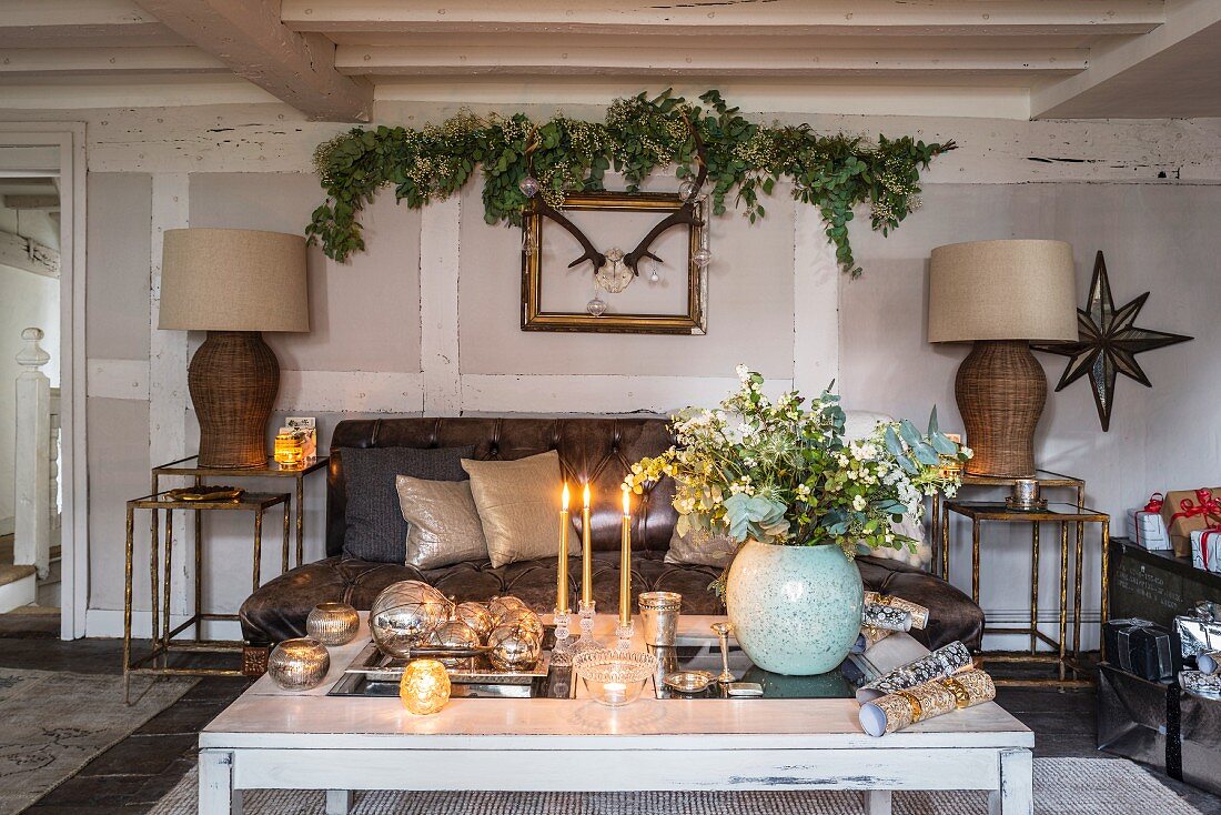 Festive room with wood-beamed ceiling