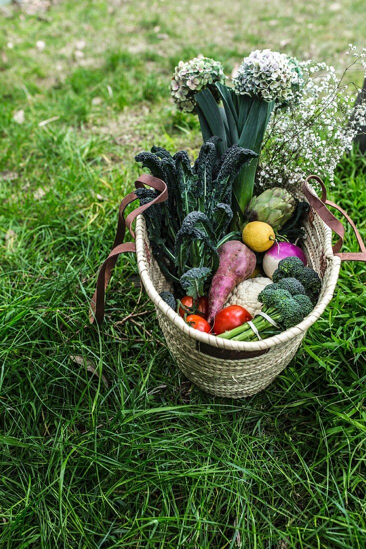 Einkaufskorb mit Gemüse, Obst und Blumen