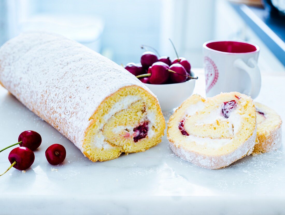 Sponge roll with cherries and quark