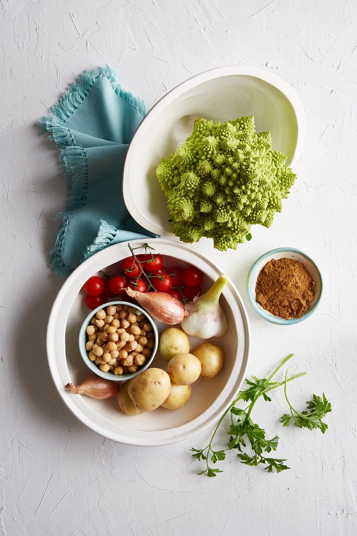 Ingredients for vegetarian chickpea tagine with vegetables