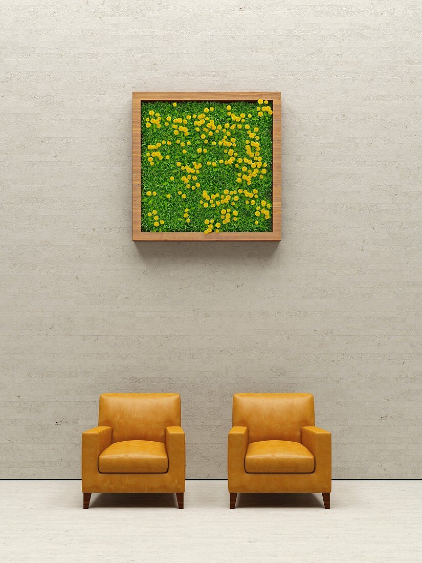 Two leather chairs below living picture frame, 3D rendering