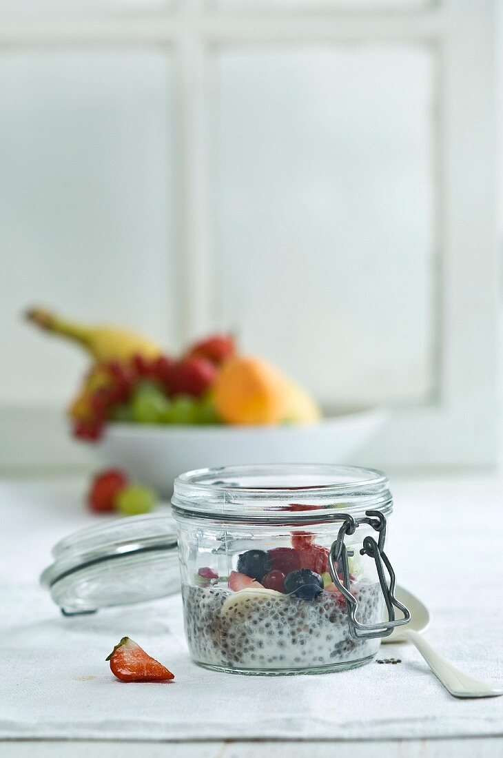 Chia pudding with fresh fruits in glass