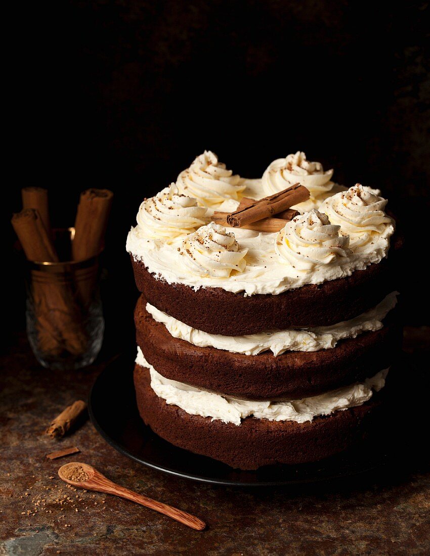 Cinnamon Chocolate Layer Cake with salted honey buttercream frosting