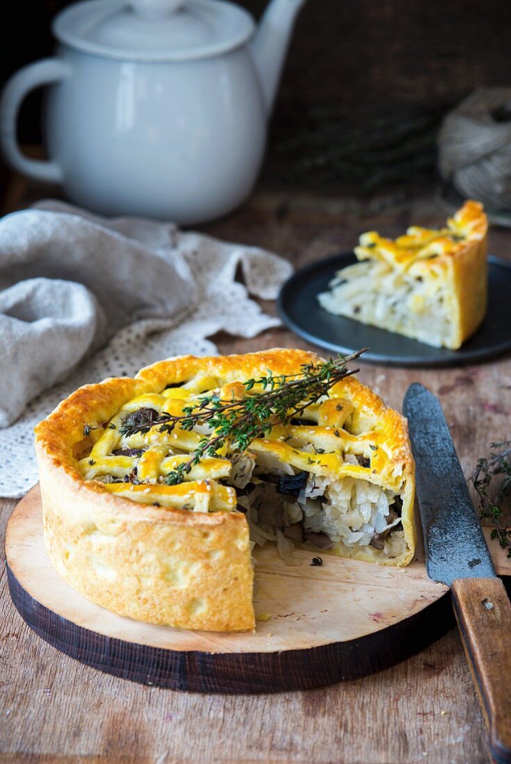 Shortcrust pastry cabbage and mushrooms pie