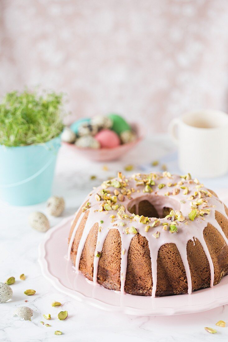 Babka (Easter cake, Poland) with pistachios and icing