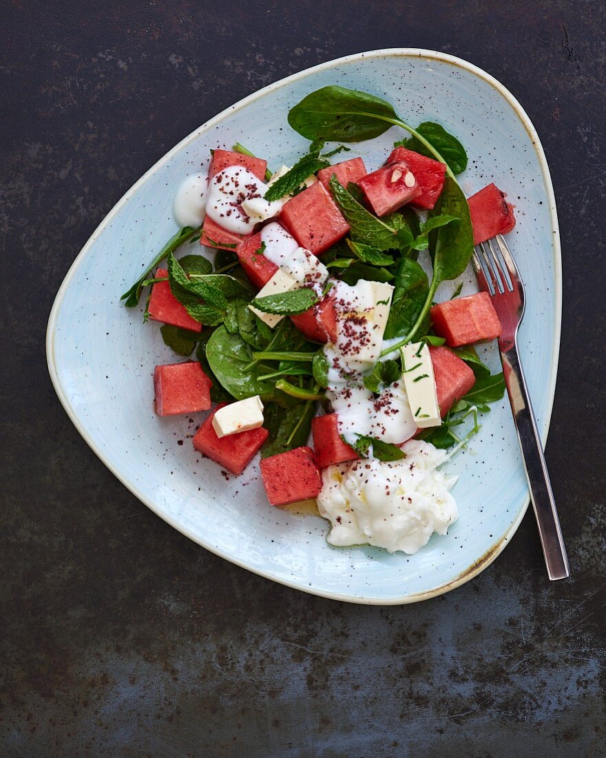 A salad with watermelon, feta and spinach (Lebanon)