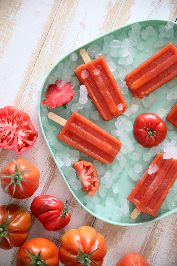 Plate of tomato ice lollies