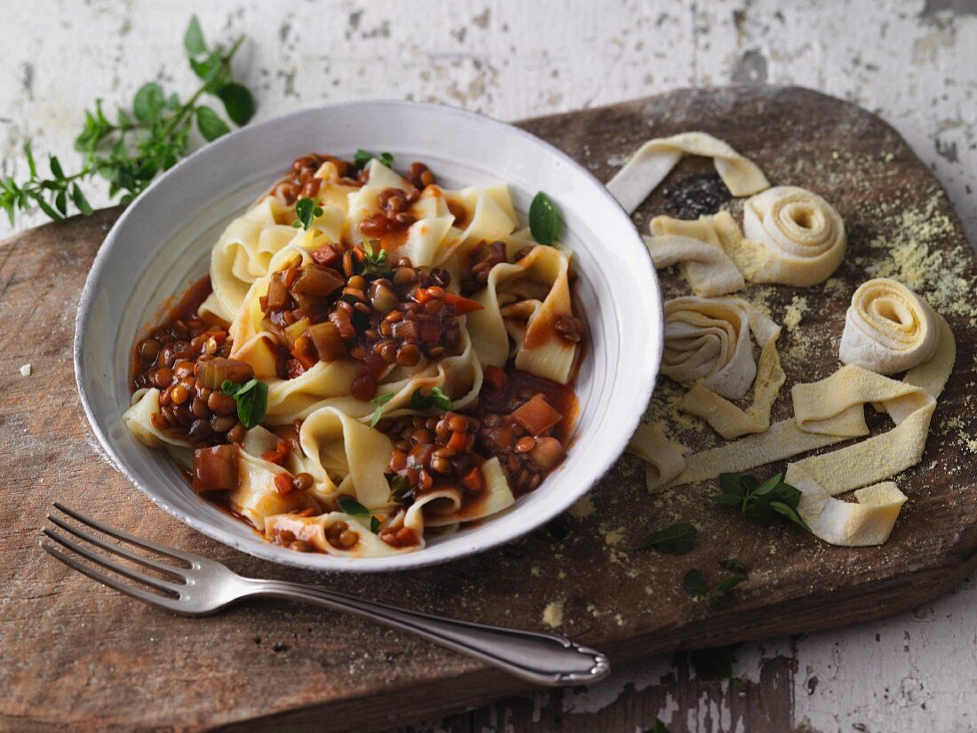 Sweet lupin pasta with vegan lentil bolognese