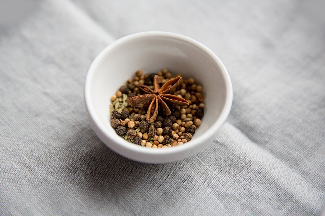 Fennel seeds, coriander seeds, star anise and peppercorns