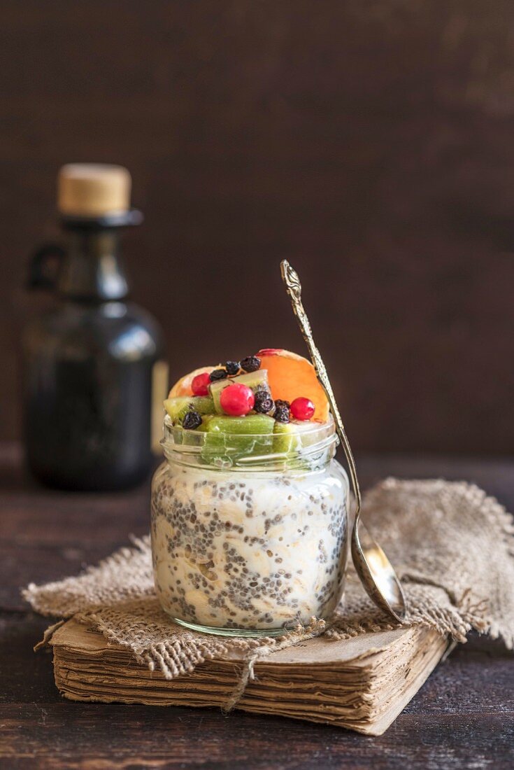 Healthy chia pudding in the jar, selective focus