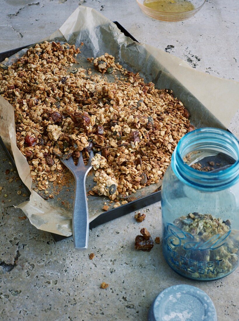 Crunchy pecan nut granola with chia seeds, buckwheat and dates