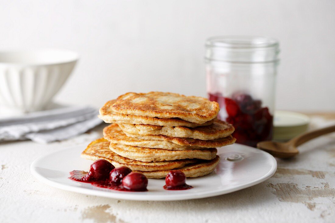 Almond pancakes with cherry compote