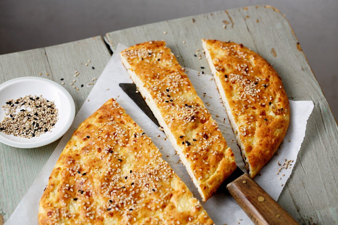 Cottage cheese and sesame seed flatbread