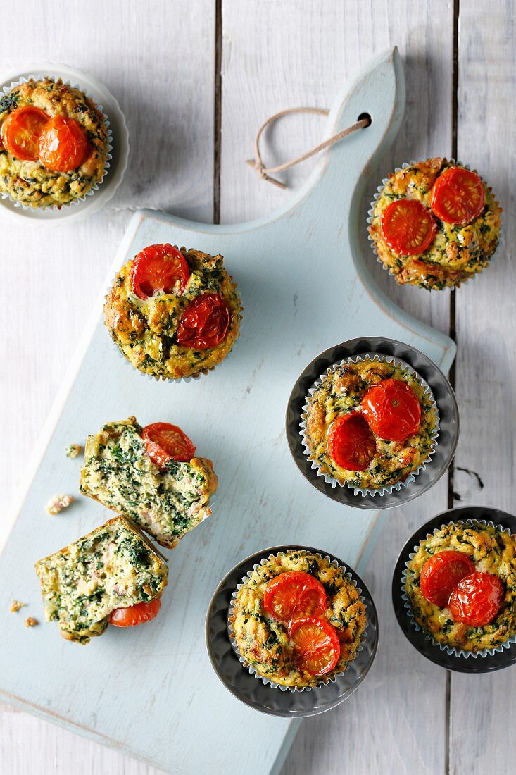 Mini spinach muffins with cherry tomatoes