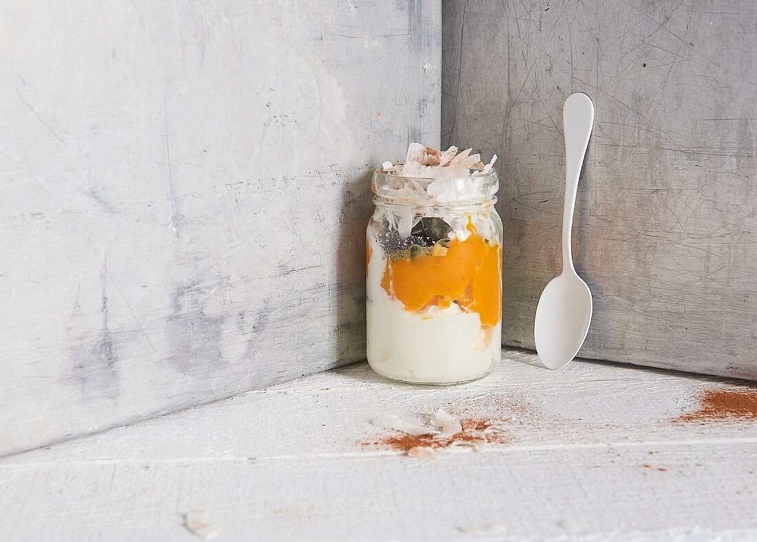 Greek yoghurt with pumpkin purée and coconut chips