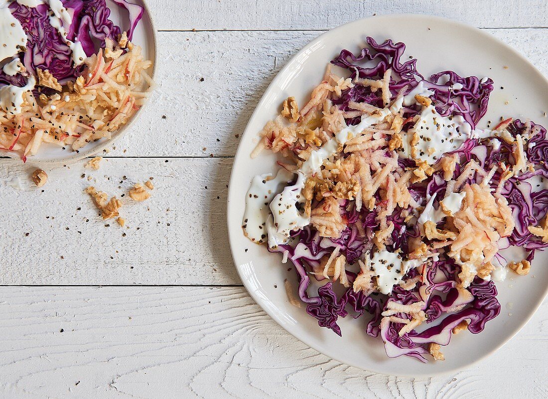 Apple and red cabbage salad with Greek yoghurt and walnuts