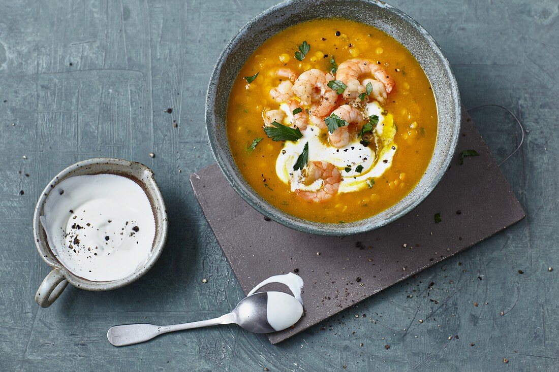 Carrot and lentil soup with prawns