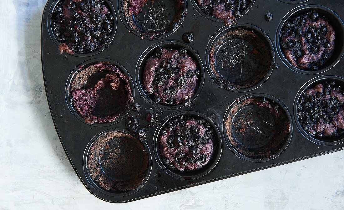 Blueberry muffins in a muffin tray (sugar-free)