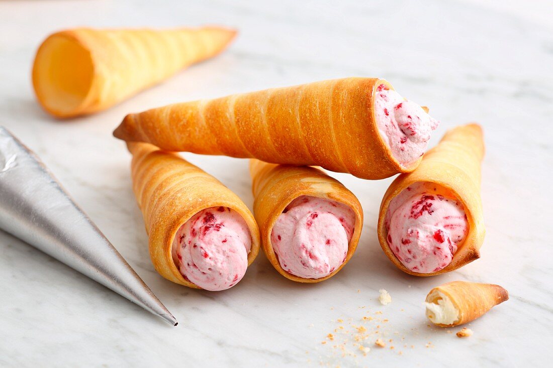 Cones made from ready-made pizza dough filled with ice cream