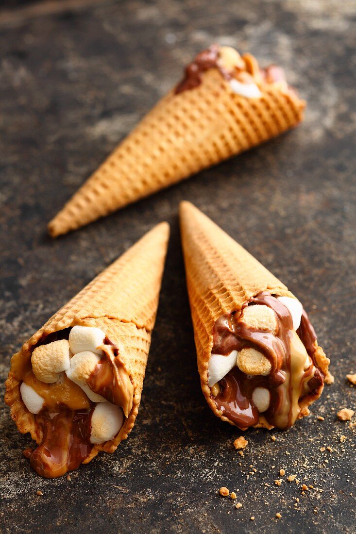 Campfire cones with mini marshmallows and chocolate