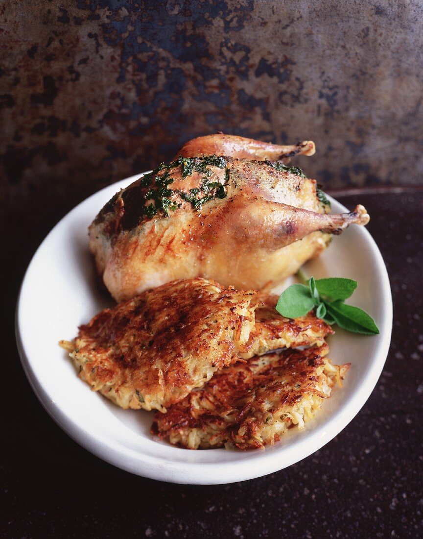 Roast chicken with potato rostis