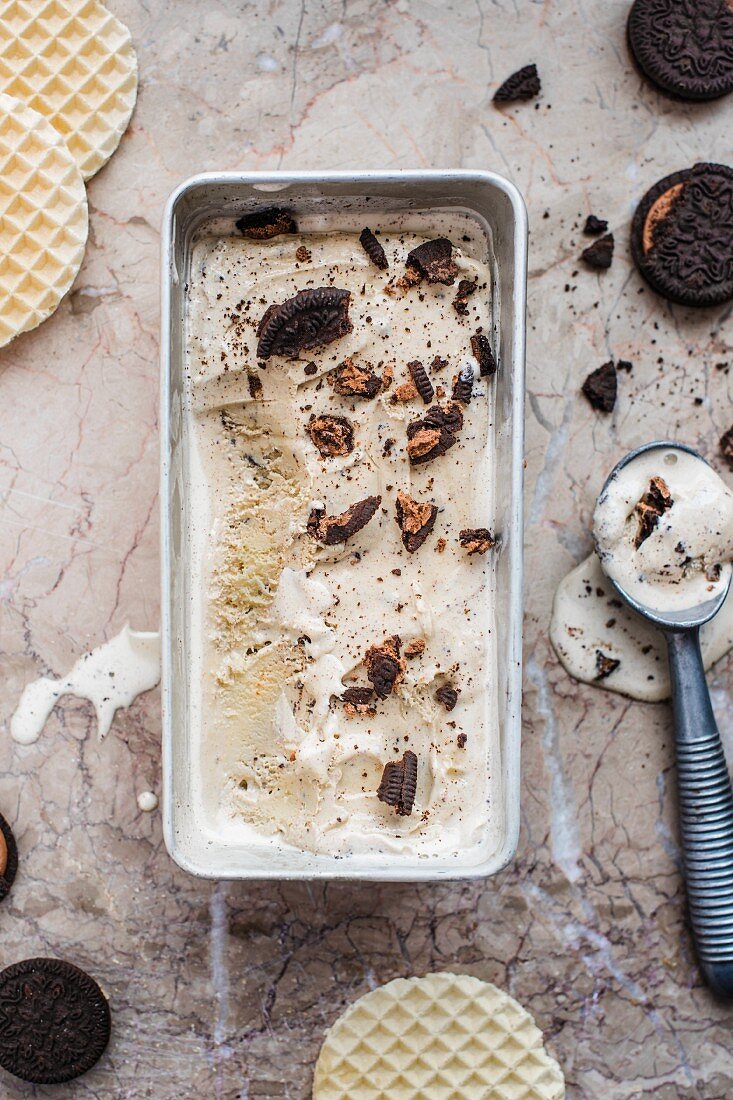 Cookies and cream ice cream with an ice cream scoop