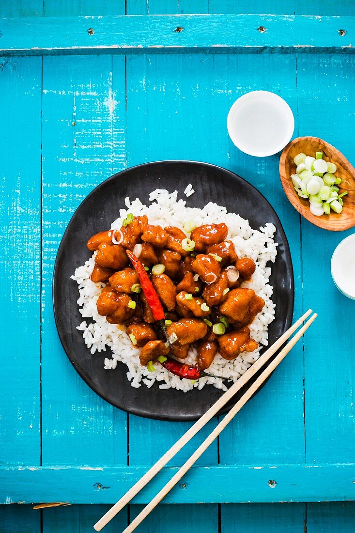 General Tso's chicken on rice (China)