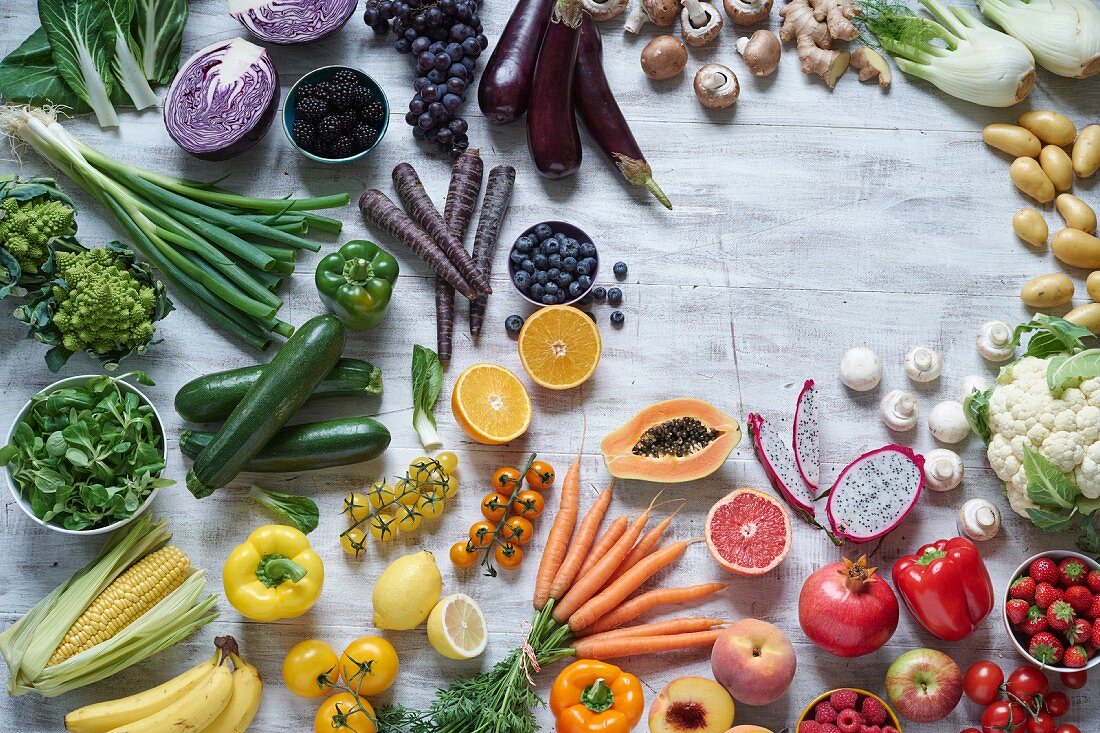 Fruit and vegetables in rainbow colours