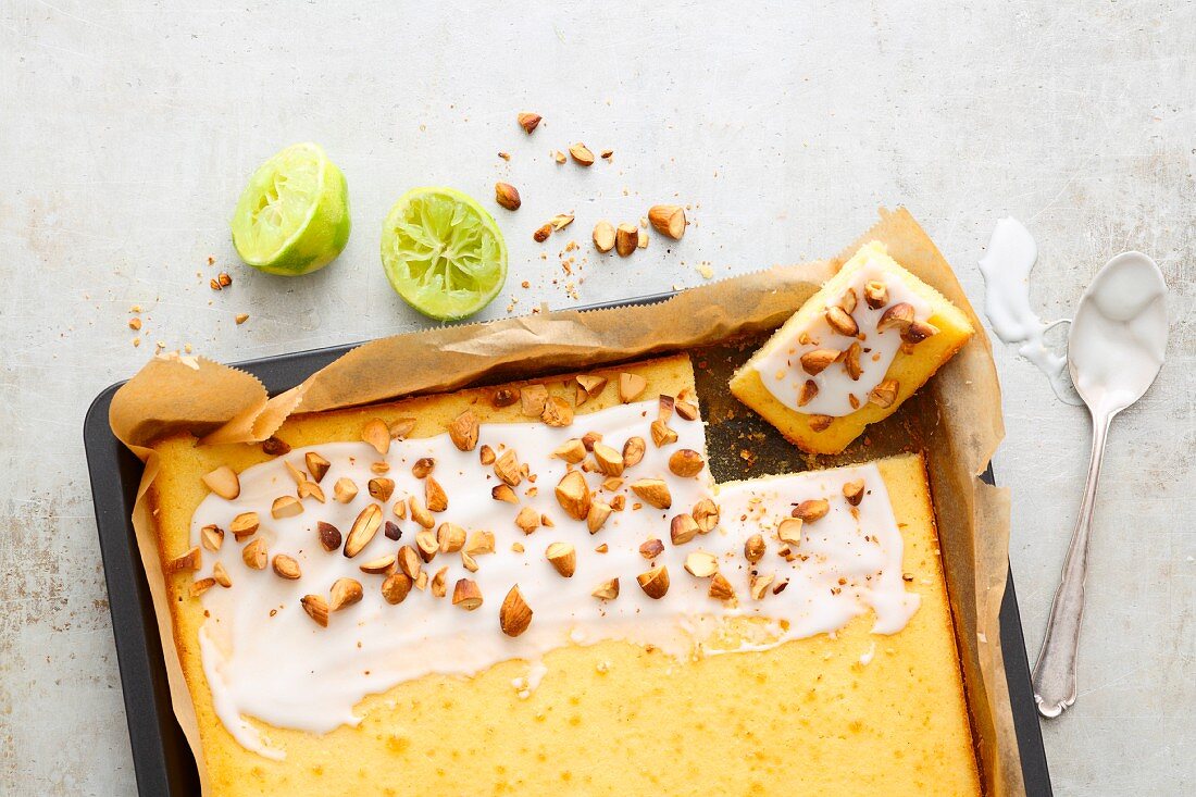 Quick and easy lime sheet cake with almonds