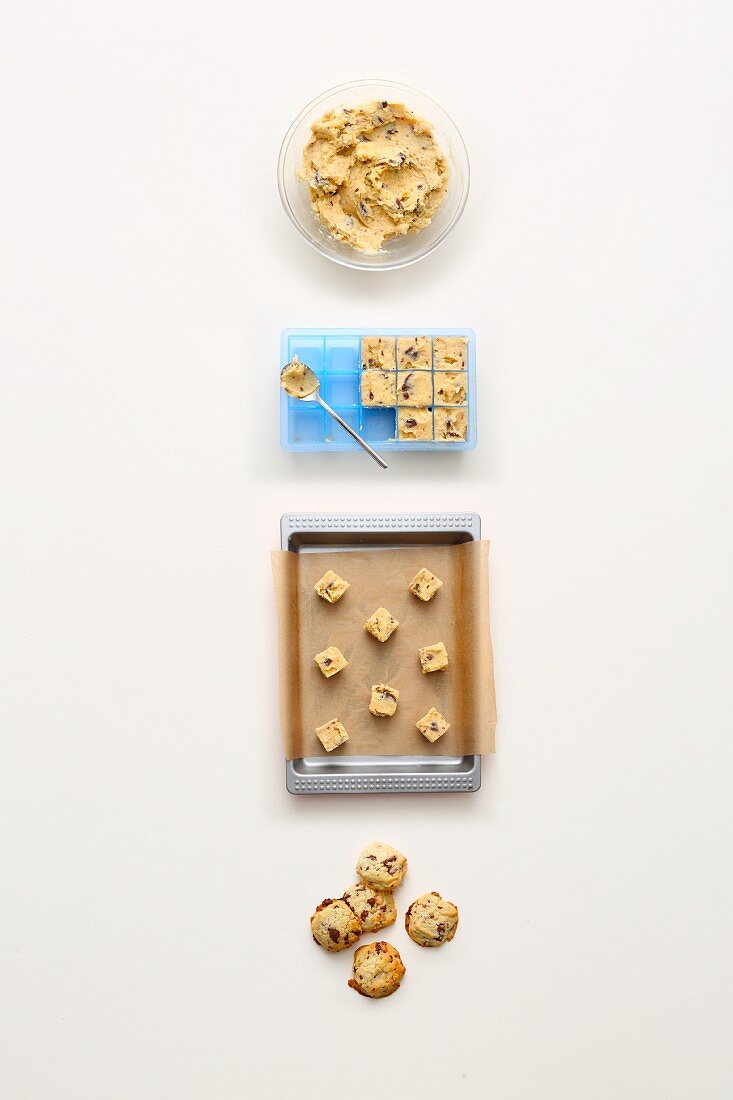 Cookie dough being frozen in an ice cube tray - for unexpected guests