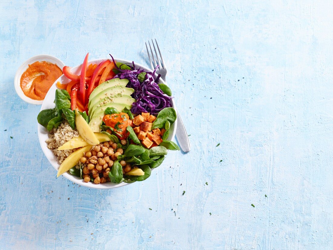 Quinoa vegetable bowl with red pepper hummus
