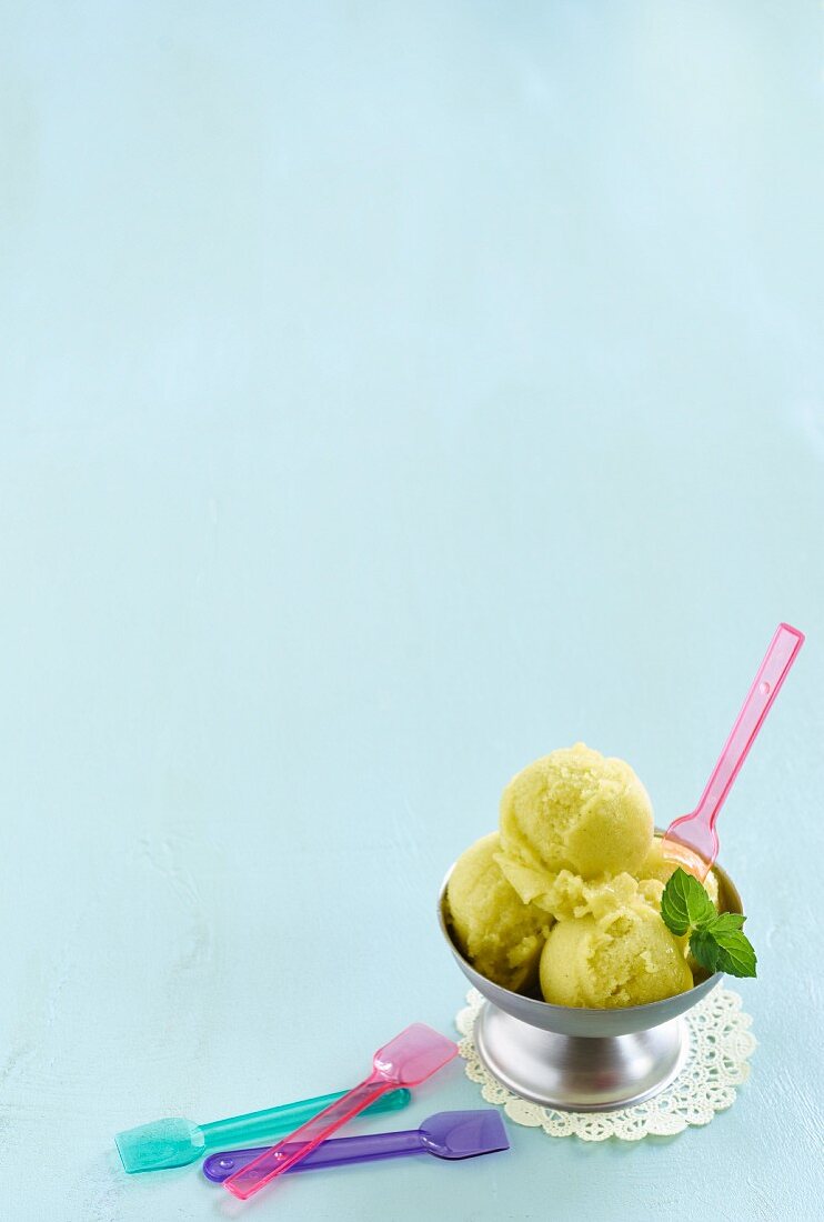 Mango sorbet with mint and agave syrup