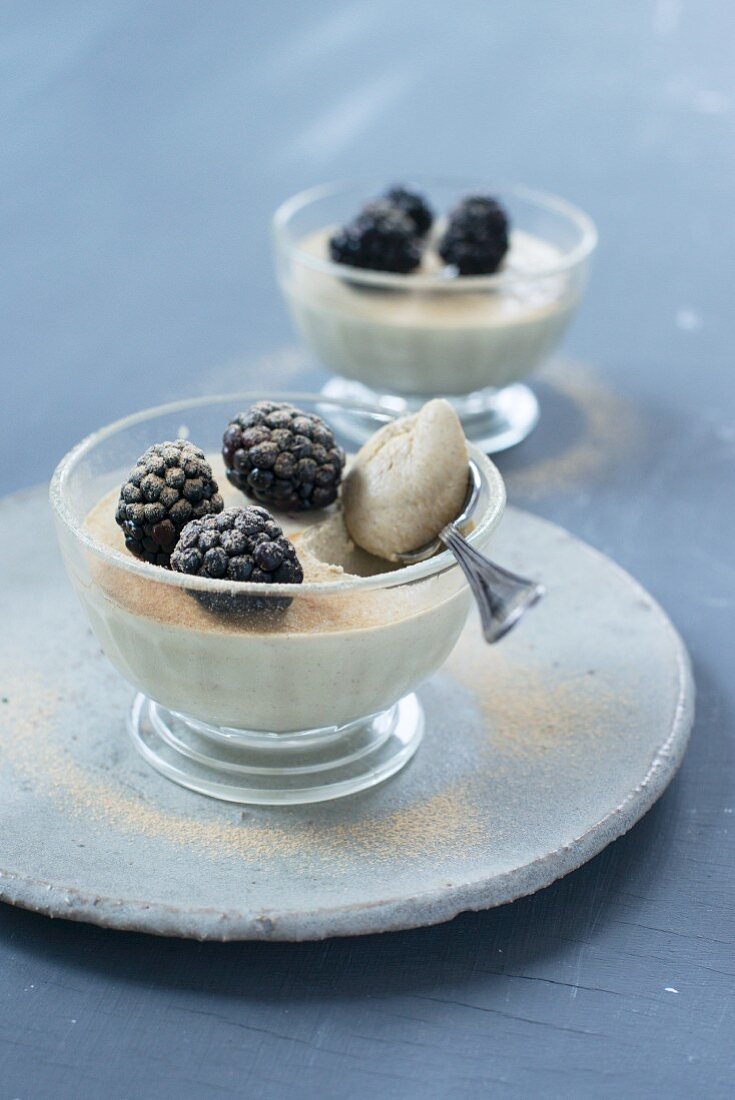 Almond panna cotta with matcha and blackberries