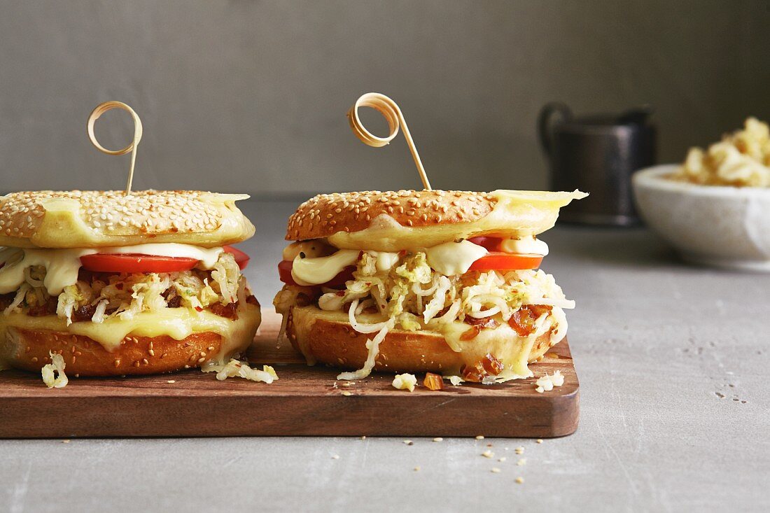 Bagels with kimchi, Swiss cheese and dates