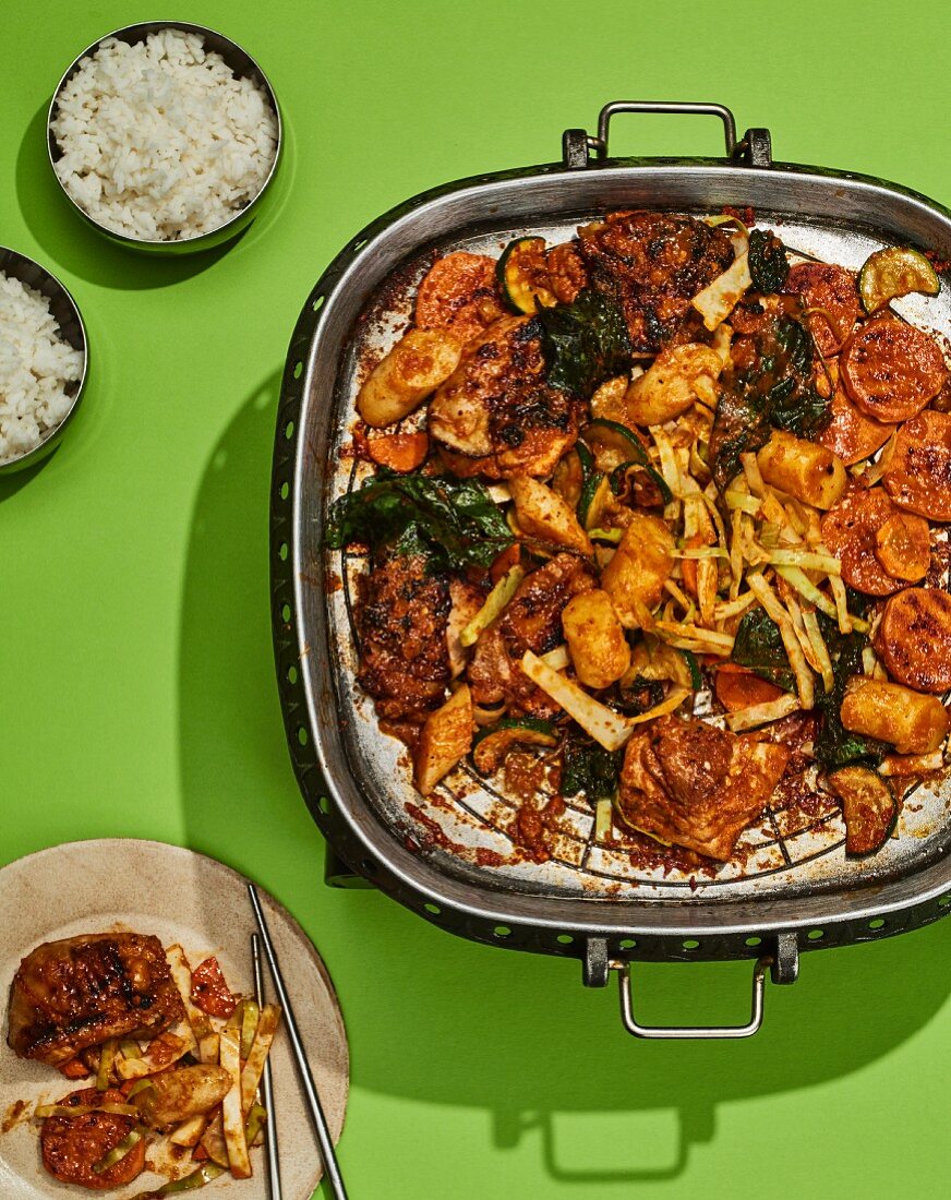 Dak galbi - spicy chicken with rice cakes and sweet potatoes from Korea