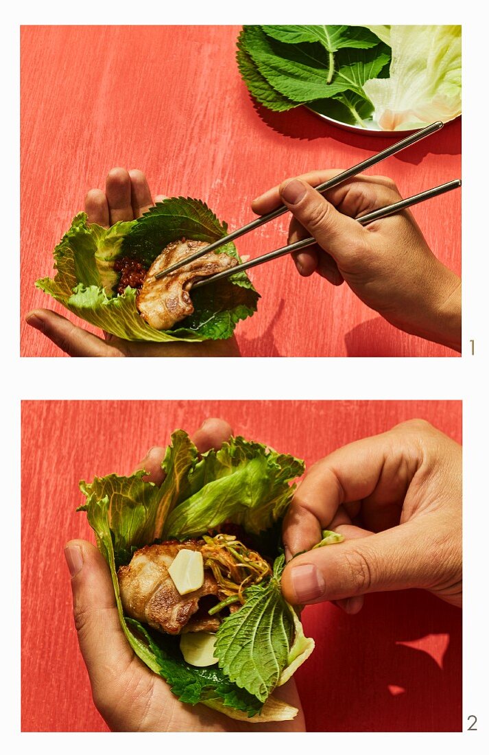How to make Samgyeopsal gui - Korean grilled pork belly in a lettuce leaf