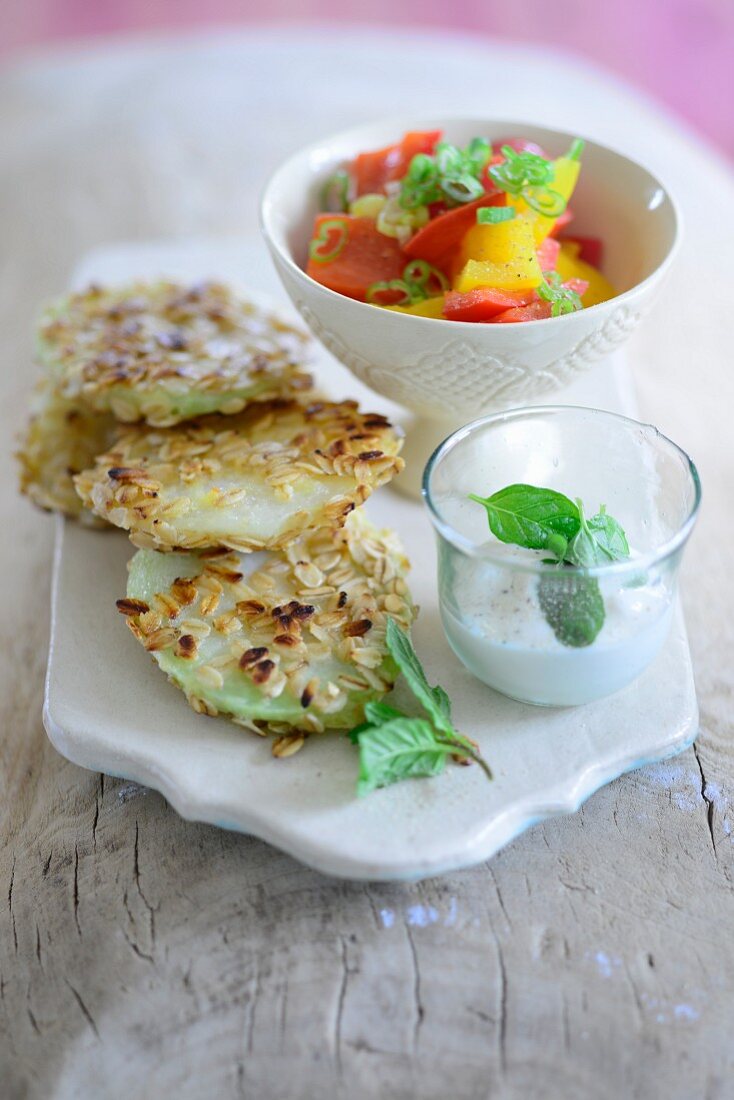 Kohlrabi schnitzels with red and yellow pepper and a mint and yoghurt dip