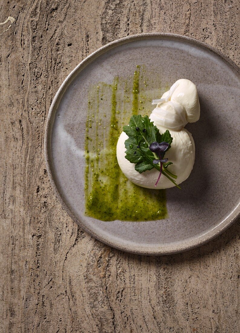 Burrata cheese with cabbage leaves
