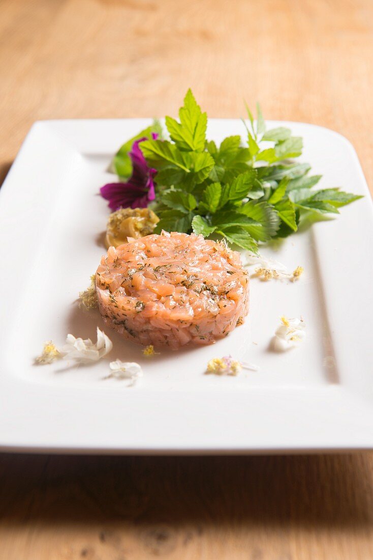 Salmon tartar with wild herb salad and primrose mayonnaise
