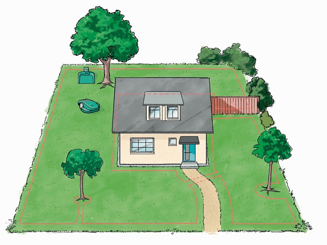 Garten-Illustration: Die zu mähende Rasenfläche mit einem Führungsdraht begrenzt (für Roboter-Rasenmäher)