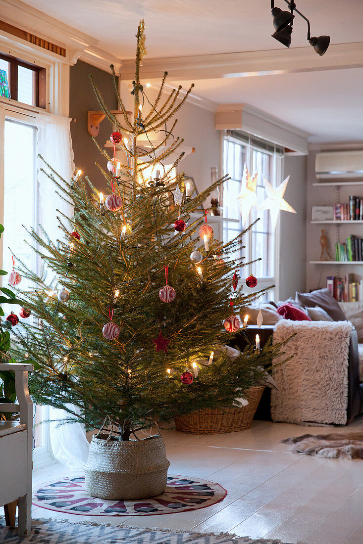 Schlicht geschmückter Weihnachtsbaum im gemütlichen Wohnzimmer