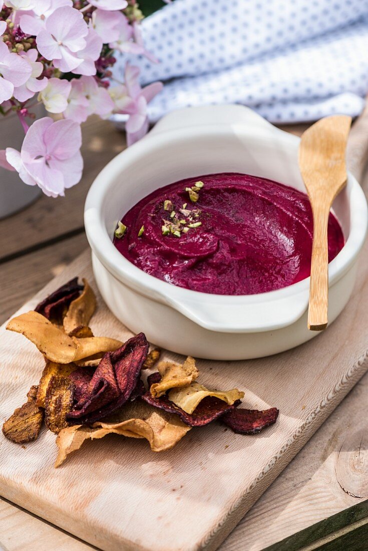 A beetroot dip with sumach and yogurt for dipping vegetable chips