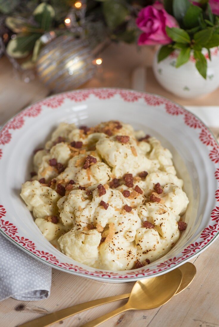 Cauliflower with crispy pancetta and cheese for Christmas dinner