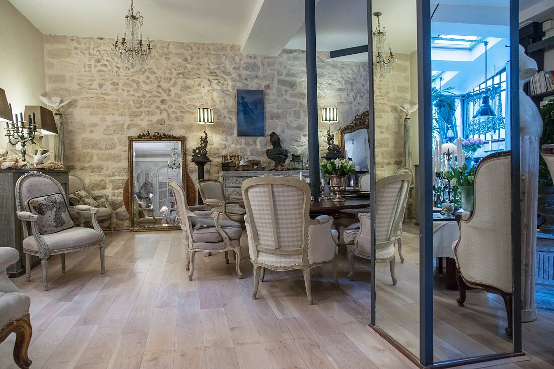 Antique furniture and stone wall in lounge