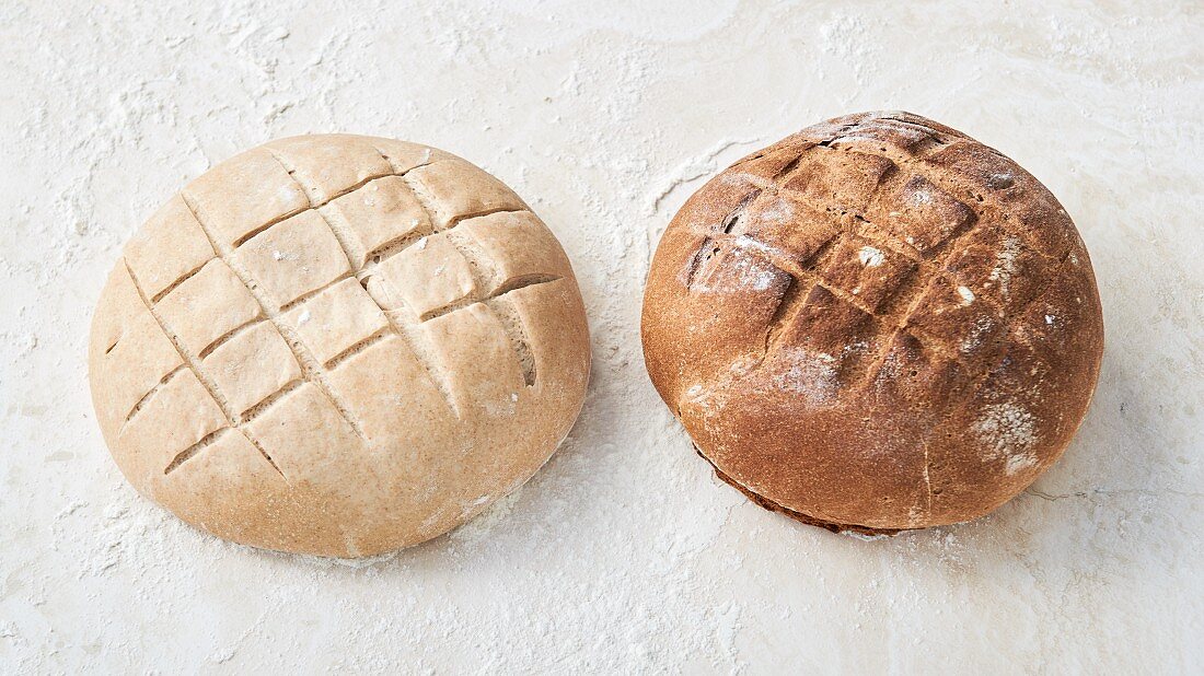 Brotteig und fertige Brot mit Gitterlinie