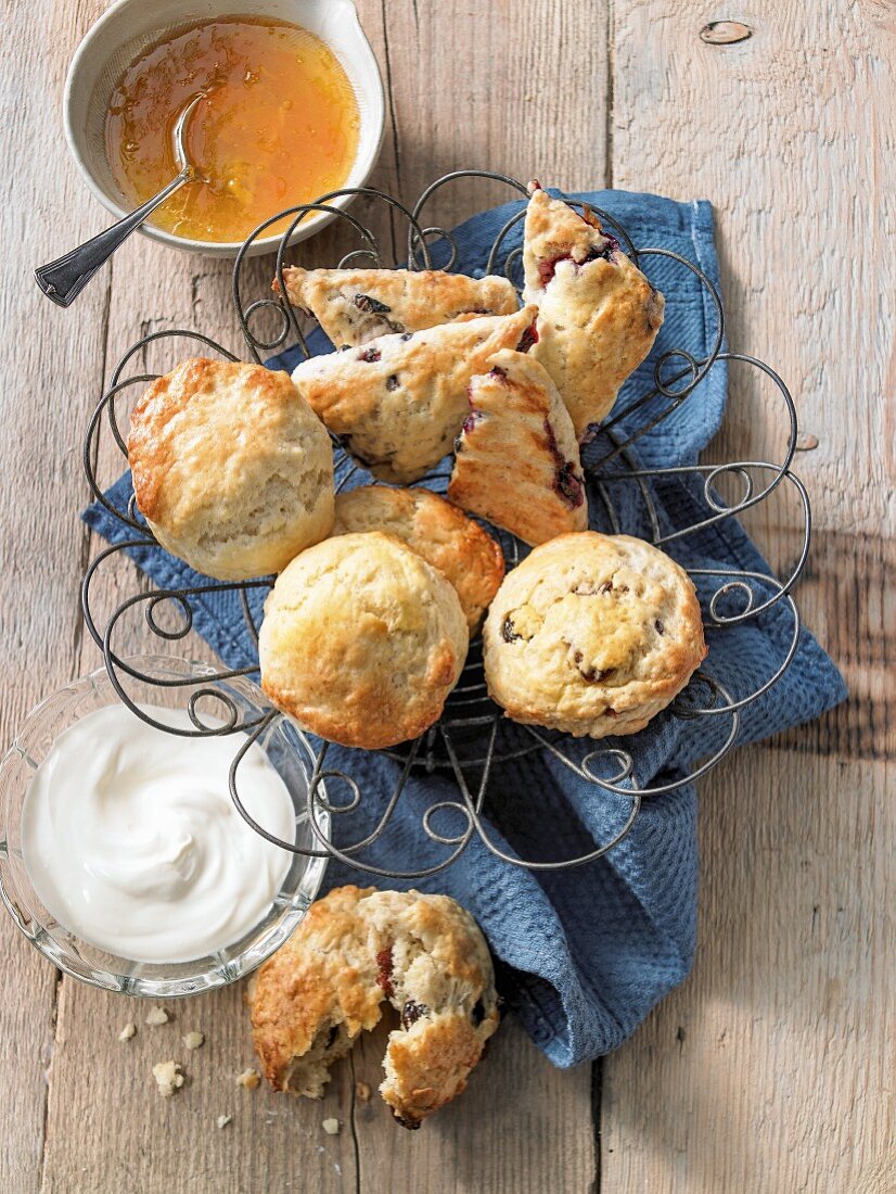 Traditional scones with blueberries, and scones with sour cherries and nuts