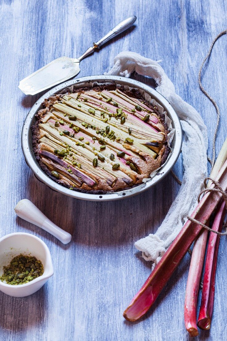 Rhubarb and frangipani tart with pistachios