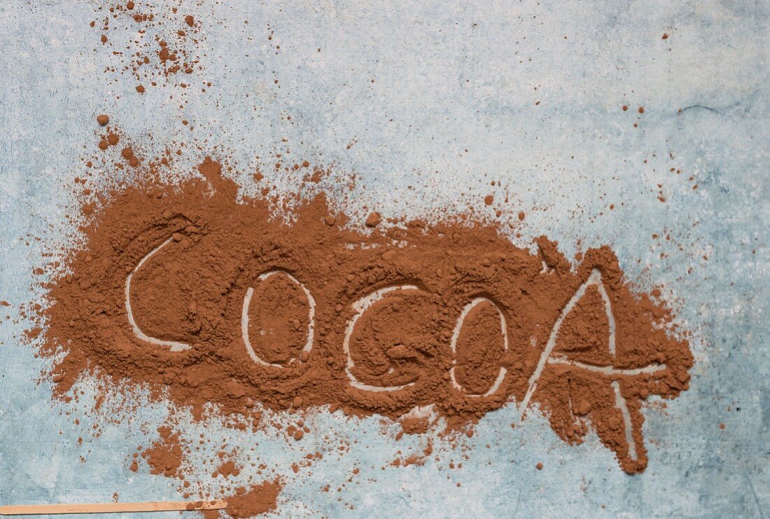 Schriftzug 'Cocoa' in Kakaopulver geschrieben