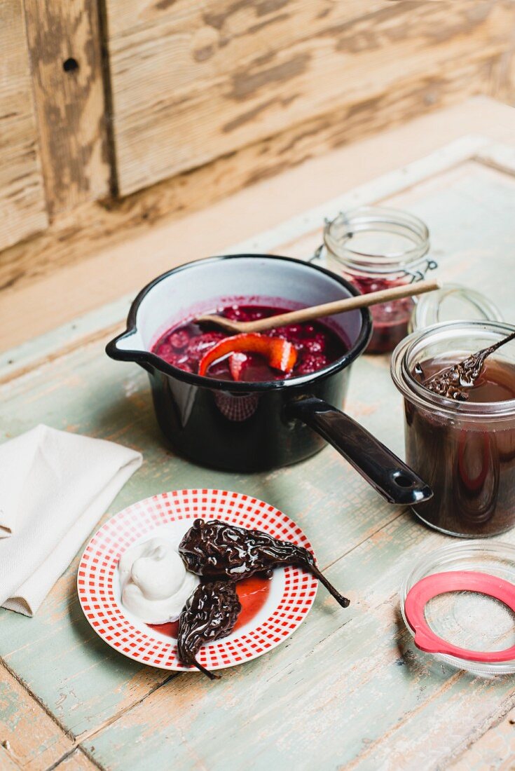 Red wine infused pears and sautéed cherries, homemade