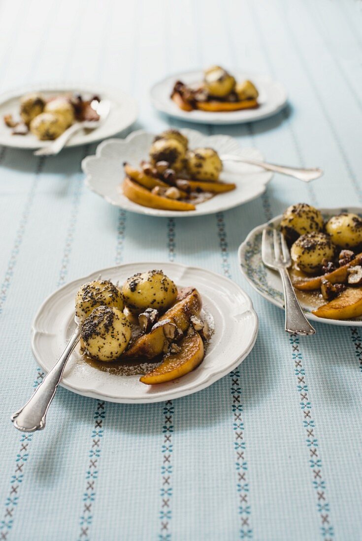 Poppy dumplings with glazed quinces